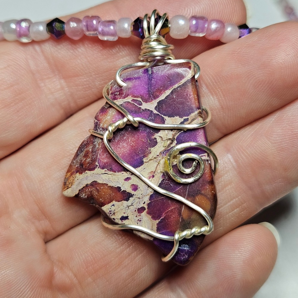Handmade Wire Wrapped Purple Sea Sediment Jasper Pendant Necklace Womens Purple